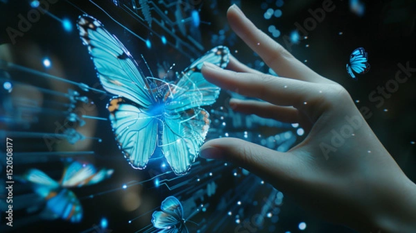 Fototapeta Biosensor Technology Concepts. using for New Experiences with Metaverse, Web3 and Blockchain. Hand Interacting with the Computer Graphic Surrealism Butterfly via Biosensor Tech 