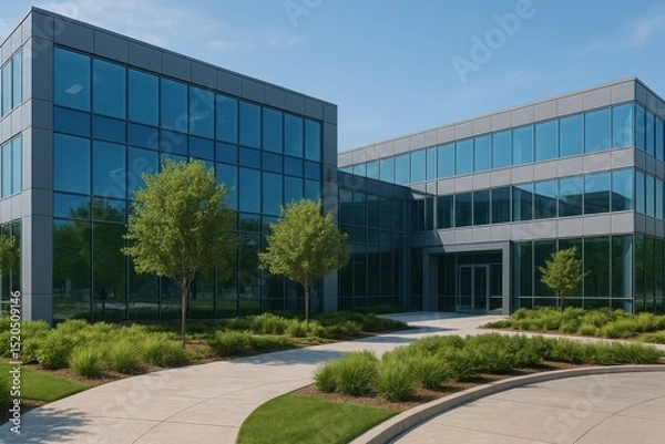 Obraz Modern Glass Office Building Surrounded by Lush Greenery and Clear Blue Skies in a Professional Landscape Setting