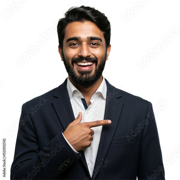 Fototapeta Young Indian businessman in a formal suit smiling confidently and pointing to the side. Happy Asian professional male gesturing, isolated on a transparent background.