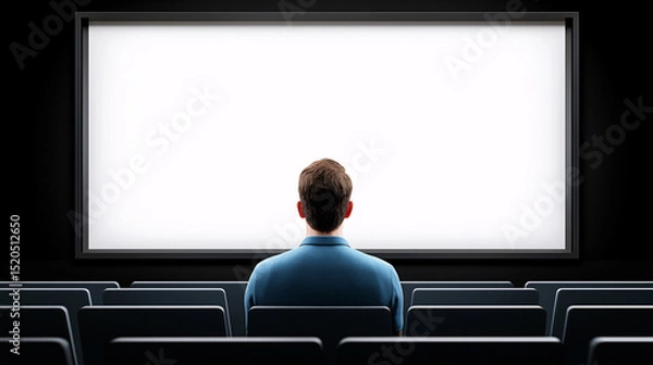 Fototapeta A man sits in a movie theater looking at a blank white screen ready for entertainment viewing.