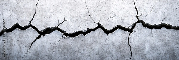 Fototapeta A long jagged crack splits the weathered gray concrete surface with smaller cracks branching out.