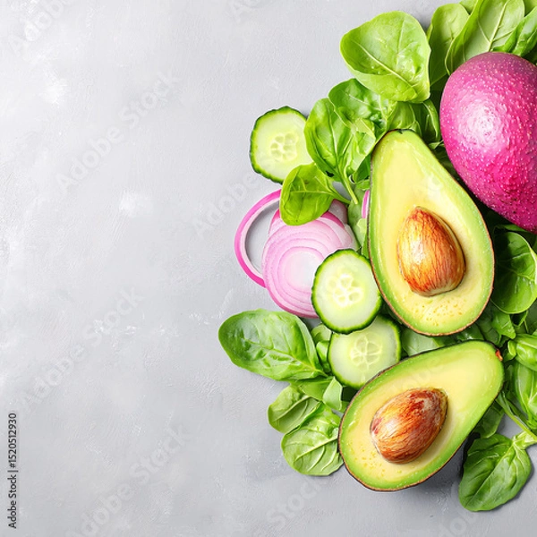 Fototapeta An arrangement of fresh avocado halves, spinach, cucumbers, and red onion on gray background.