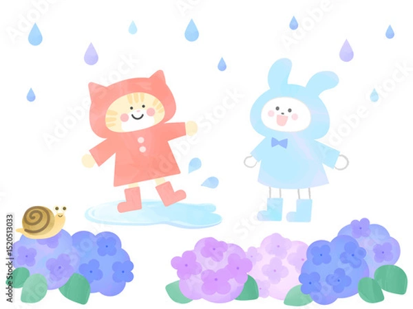 Obraz レインコートを着た猫とうさぎの梅雨の水彩イラスト