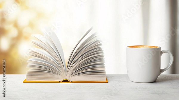 Fototapeta An open book resting next to a mug of coffee creates a relaxing and peaceful atmosphere.