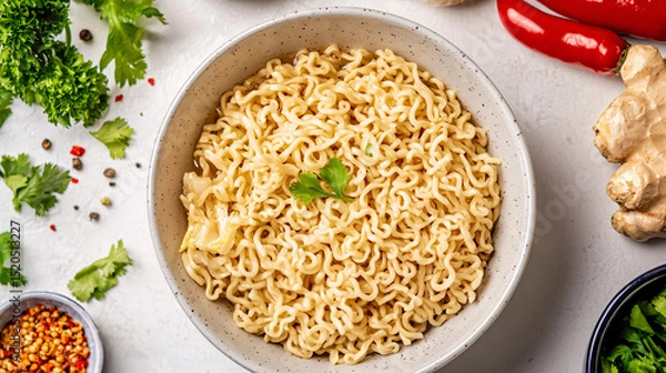Fototapeta Delicious bowl of cooked noodles is presented on a white surface with fresh herbs and spices.
