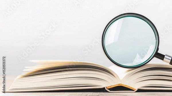 Fototapeta Magnifying glass rests on open book providing a detailed view of learning and discovery process.