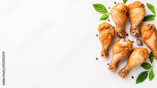 Fototapeta Crispy golden fried chicken drumsticks arranged with fresh basil leaves on a white backdrop now.