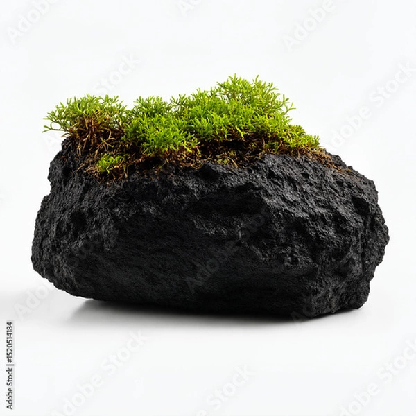 Obraz Dark Rough Stone with Green Moss Clusters, Natural Texture, Minimalist Background