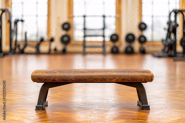 Fototapeta A brown leather exercise bench sits in a classic style gymnasium with weights and equipment.
