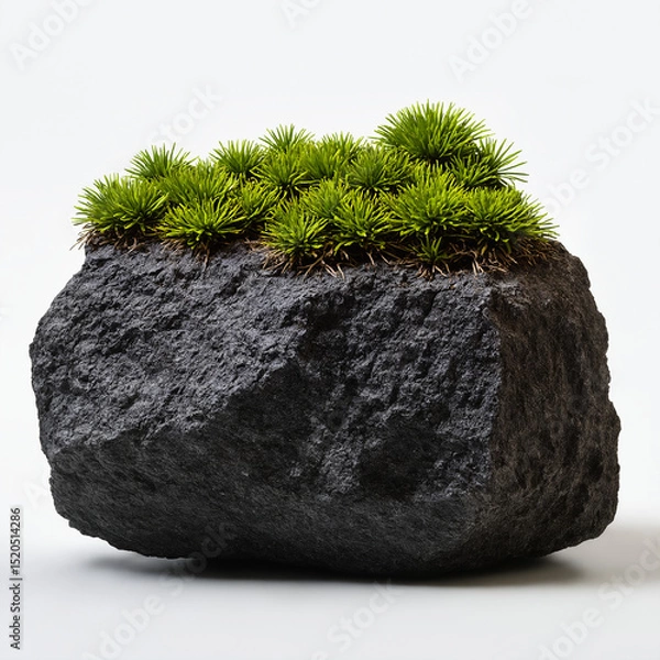 Obraz Dark Rough Stone with Green Moss Clusters, Natural Texture, Lichen Growth, Minimalist Background