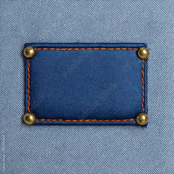 Obraz Close-Up Stitched Denim Patch with Rivets on Blue Diagonal Stripe Fabric