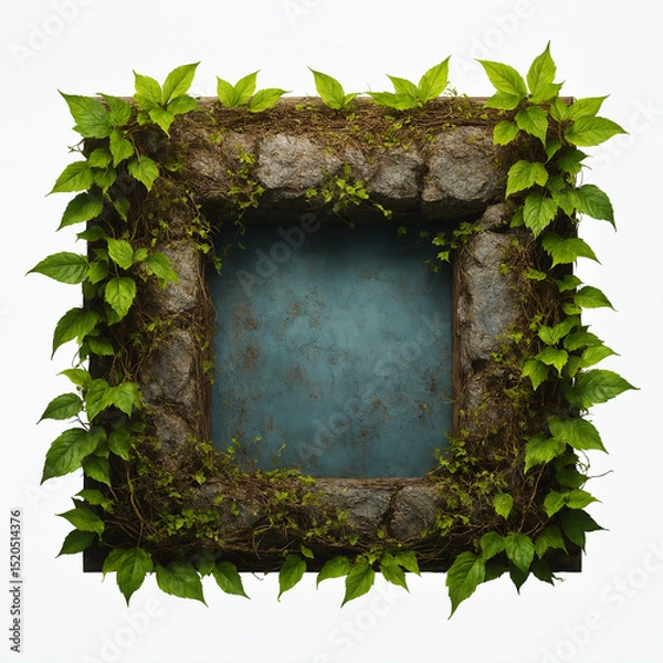 Obraz Ancient Stone Frame with Green Vines and Leaves, Rustic Natural Portal, Medieval Decorative Element