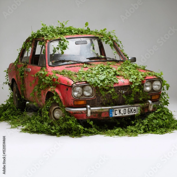 Obraz Abandoned Red Car Overgrown with Nature, Rusty Vehicle Covered in Vines and Leaves