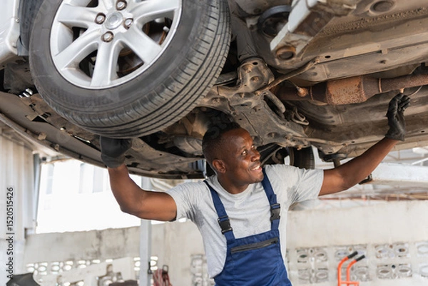 Fototapeta Automotive Mechanic Inspecting Undercarriage of Car, Professional Technician Working on Vehicle Lift, Smiling Mechanic Performing Car Service