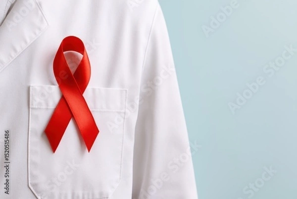 Obraz Red Ribbon Awareness Symbol on White Lab Coat for Health and Medical Campaigns Promoting Education, Prevention and Support for HIV and AIDS Community Issues