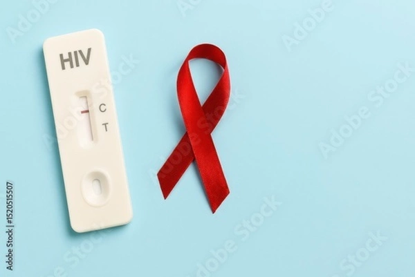 Obraz HIV Test Kit with Positive Result Next to Red Awareness Ribbon on Light Blue Background for Health and Medical Awareness Initiatives