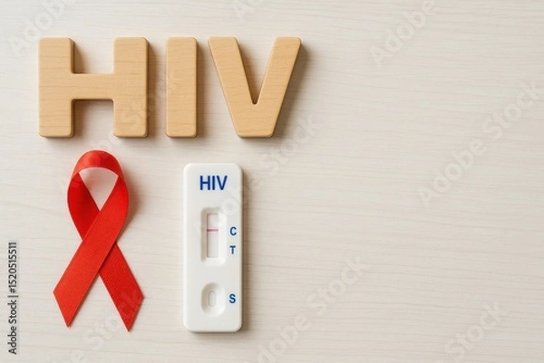 Obraz Awareness and Testing for HIV with Red Ribbon, Test Kit, and Wooden Letters on Neutral Background for Educational Purposes