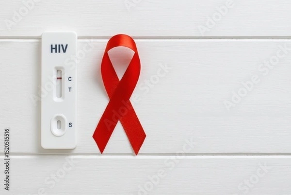 Obraz HIV Testing Kit with Red Awareness Ribbon on White Wooden Background for Health Awareness Campaign