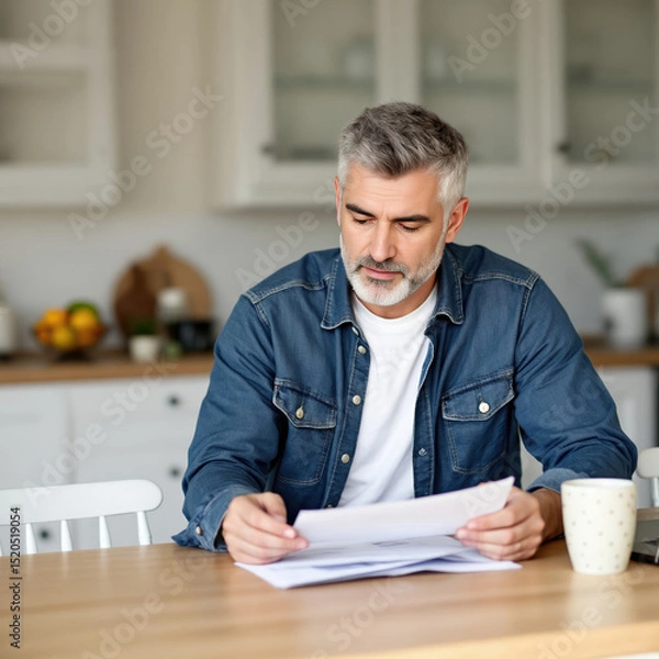 Obraz mature man intently reads financial documents at a kitchen table.