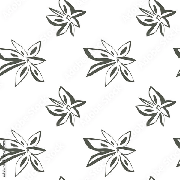 Fototapeta Green whimsical star anise pattern drawn by hand with organic line on white seamless background for natural design