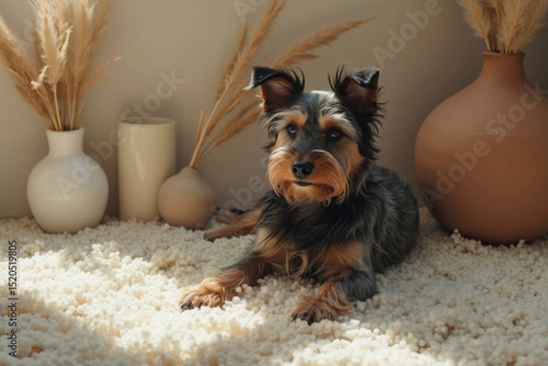 Obraz small terrier rests comfortably on a fluffy white rug.