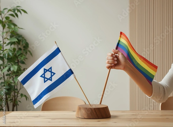 Obraz person holds a rainbow flag alongside a Jewish flag on a wooden stand.