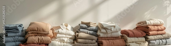 Obraz Stacks of neatly folded clothing a light-colored wall.