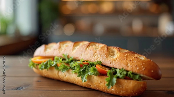 Obraz fresh baguette sandwich is displayed on a wooden surface.