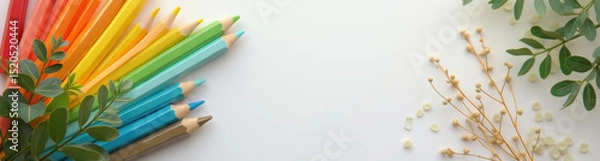 Obraz vibrant assortment of colored pencils rests alongside delicate sprigs of greenery on a bright white surface.