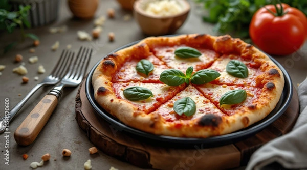 Obraz rustic pizza sits on a wooden plate garnished with fresh basil.