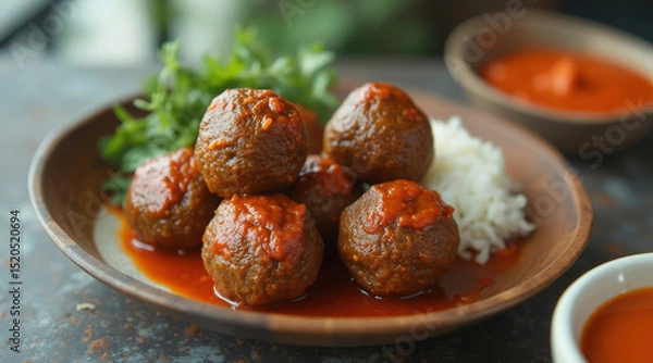 Obraz wooden plate displays several round meatballs covered in a rich tomato sauce accompanied by a mound of fluffy white rice.