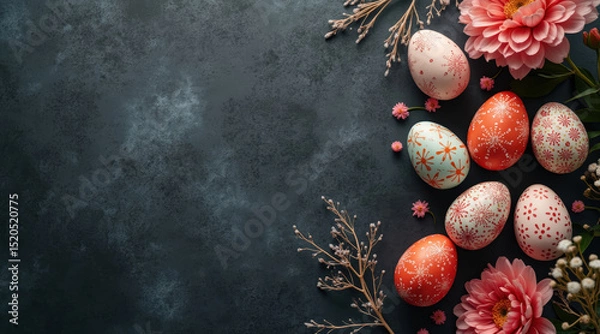 Obraz Pink flowers and decorated eggs adorn a dark grey surface.