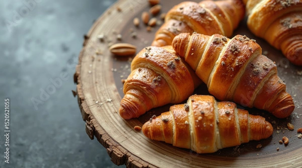 Obraz Three golden croissants rest on a rustic wooden surface sprinkled with almonds.
