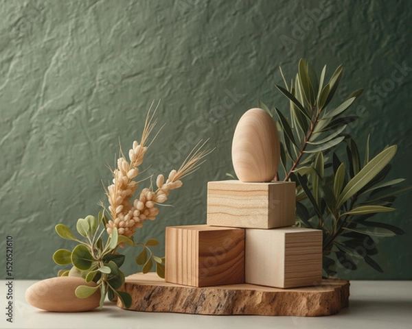 Obraz Wooden blocks and natural elements arranged on a rustic wooden slice.