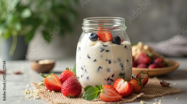 Obraz jar filled with creamy yogurt topped with blueberries and sliced strawberries.