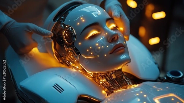 Fototapeta A futuristic robot massaging a stressed-out worker, glowing tension points disappearing