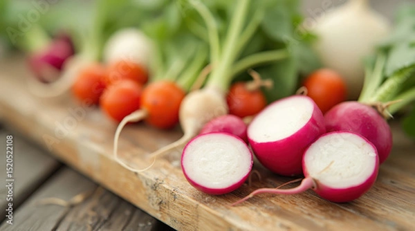 Obraz Fresh radishes and small tomatoes rest on a rustic wooden board.