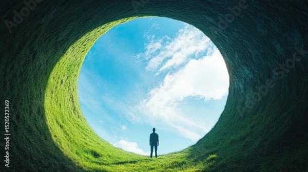 Fototapeta Person Standing at the Edge of Green Circular Pit