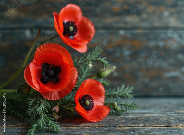 Obraz Three vibrant red poppies bloom alongside delicate green foliage on weathered wood.