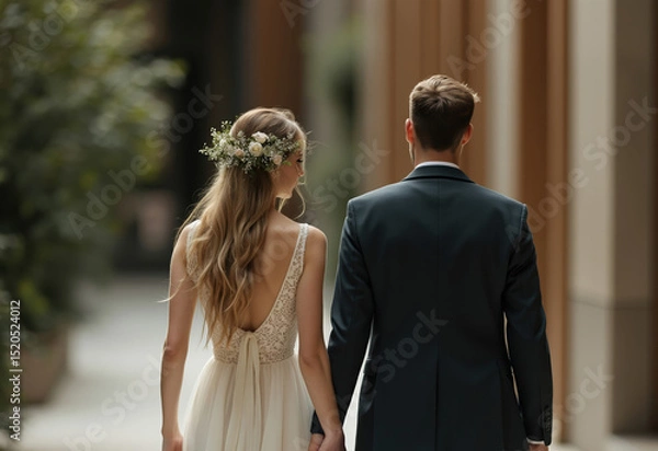 Obraz young couple stands hand-in-hand gazing into the distance.