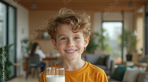 Obraz young boy smiles while holding a glass of milk.