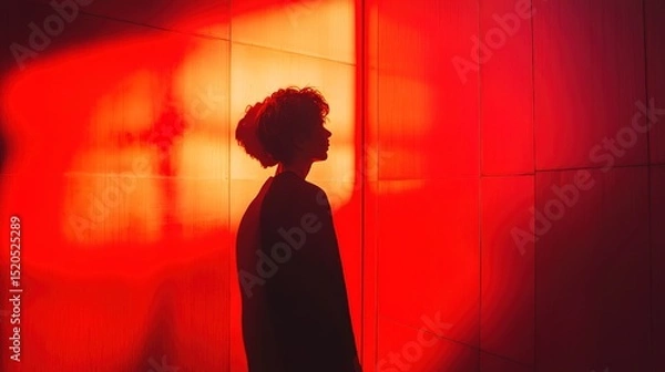 Obraz A personâ€™s shadow glowing with red, symbolizing internal struggles -