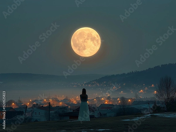 Obraz silhouette of a woman in the moonlight towards the town in sleep