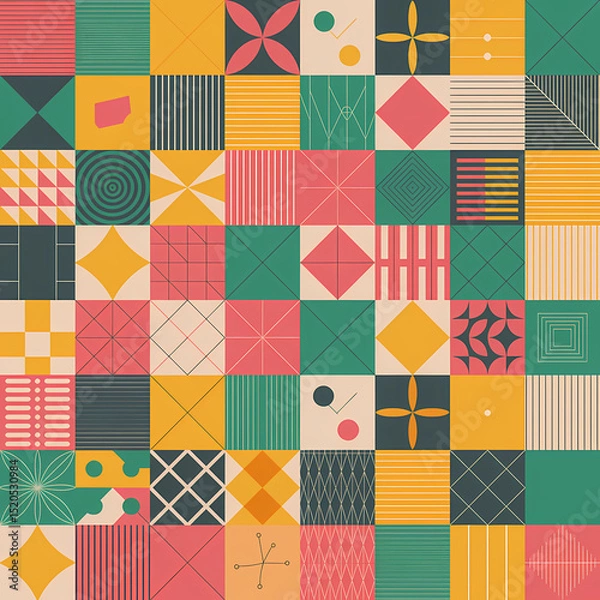 Fototapeta Seamless Flat Design Grid of Diverse Geometric Patterns in Pastel Colors on a Clean White Background