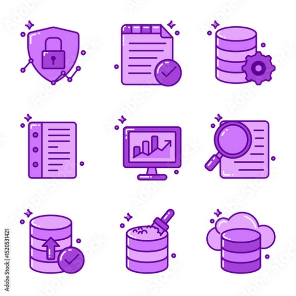 Obraz data management icon set illustrating database storage, cloud integration, data security, analytics, file organization, backup, and data processing tools