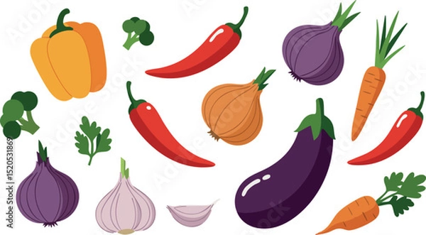 Fototapeta Fresh colorful vegetables including eggplant carrot chili garlic and onion vector illustration 