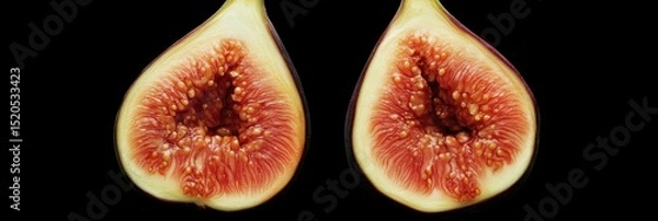 Obraz Halved Figs on Black Background: A Study in Red and Green Hues