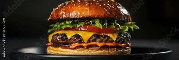 Obraz Juicy Cheeseburger on a Black Plate