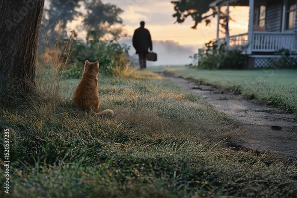 Obraz AI-generated serene morning scene with a ginger cat watching a person walking away