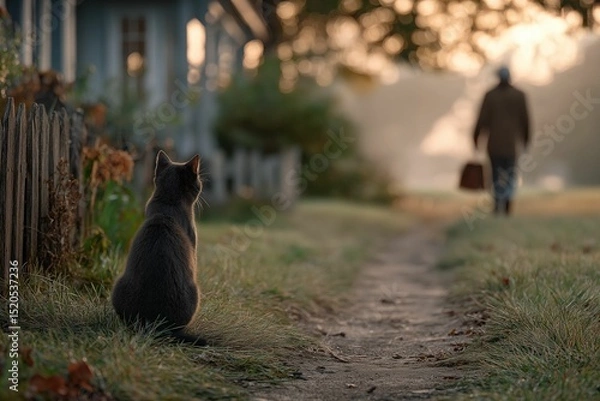 Obraz AI-generated serene rural scene with a cat sitting by a path, watching a person walk away at sunrise